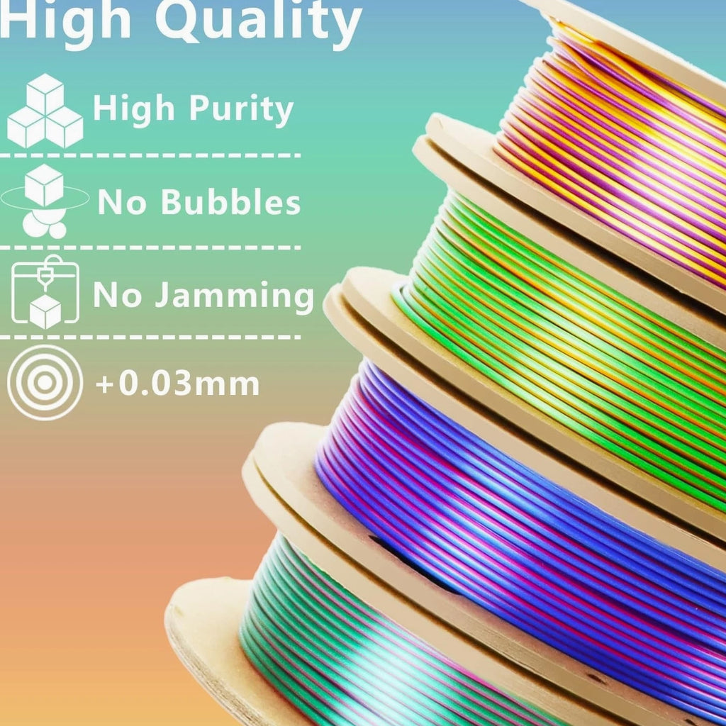 3D PLA Filament 1.75mm Bundle, Tricolor Printer Filament, Rainbow Silk