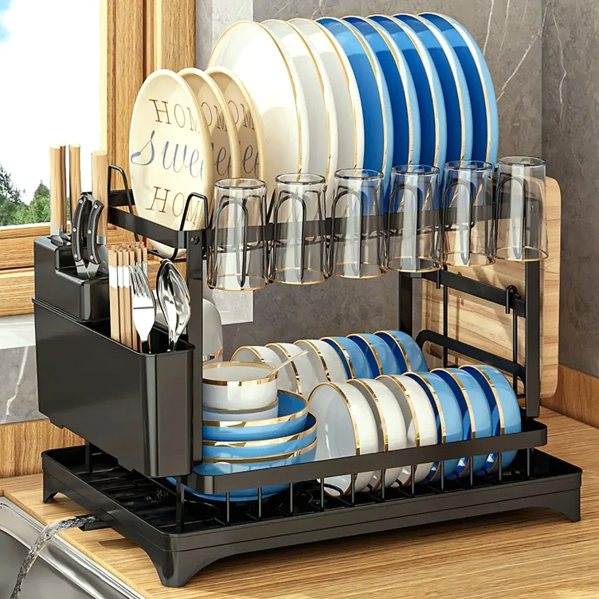DIAMRI 2-Tier Rotating Dish Drying Rack with 360° Swivel