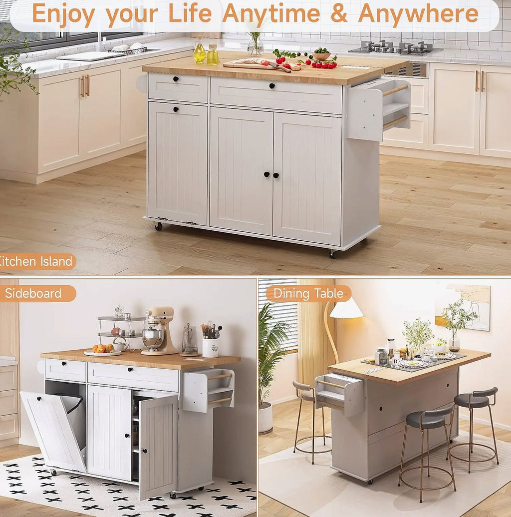 ONBRILL 60 inch Mobile Kitchen Island Rolling Trolley with Power Outlet