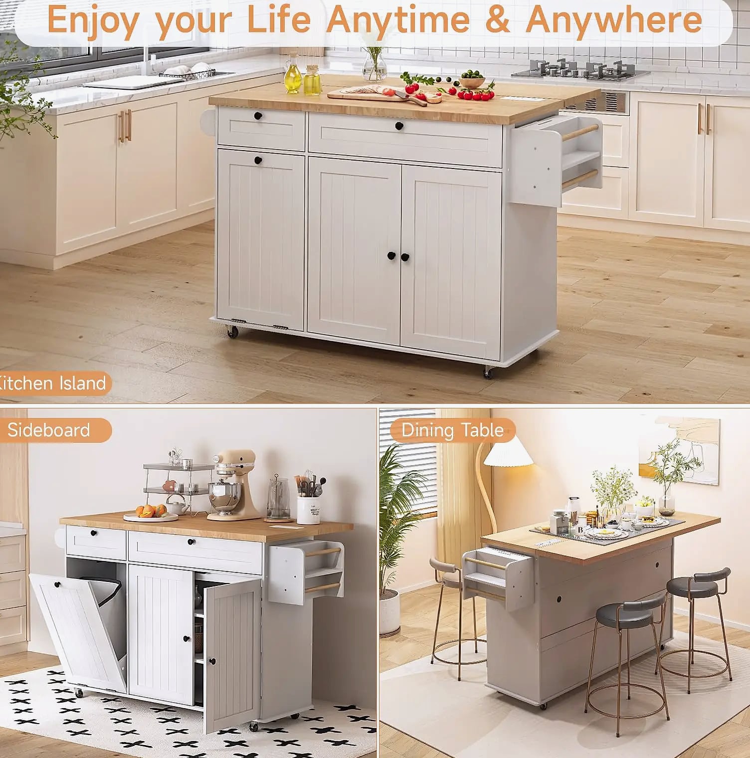 ONBRILL 60 inch Mobile Kitchen Island Rolling Trolley with Power Outlet