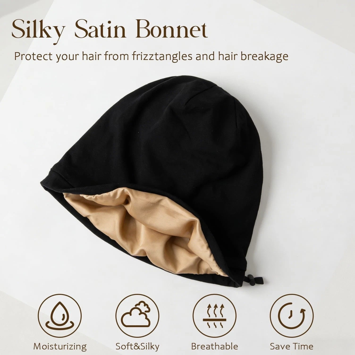 NICPOO Silk Satin Bonnet Hair Wrap for Sleeping, Medium-Large, Black and Khaki