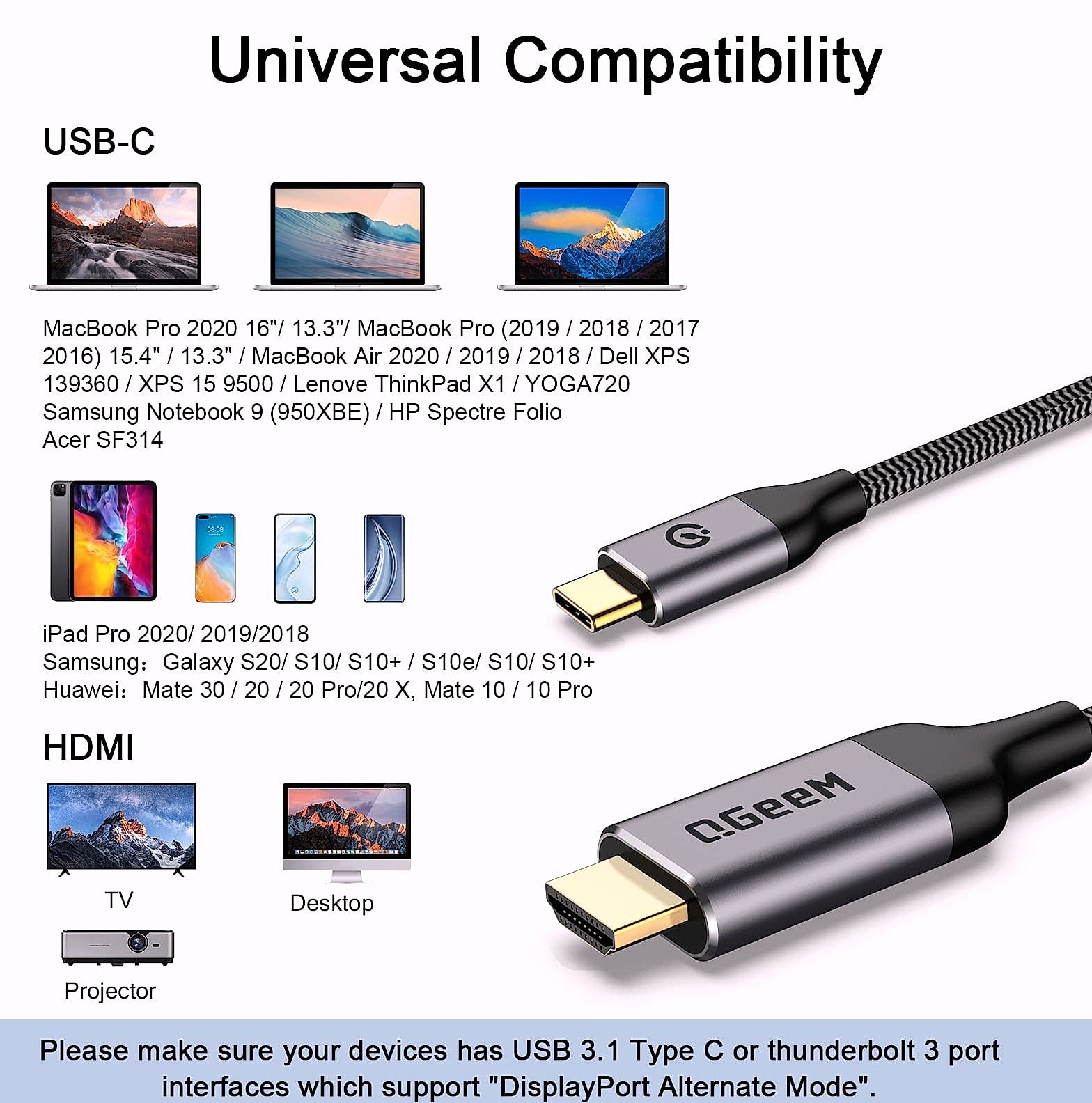 QGeeM USB-C to HDMI Cable 6ft, 4K@60Hz for MacBook, iPad, Galaxy