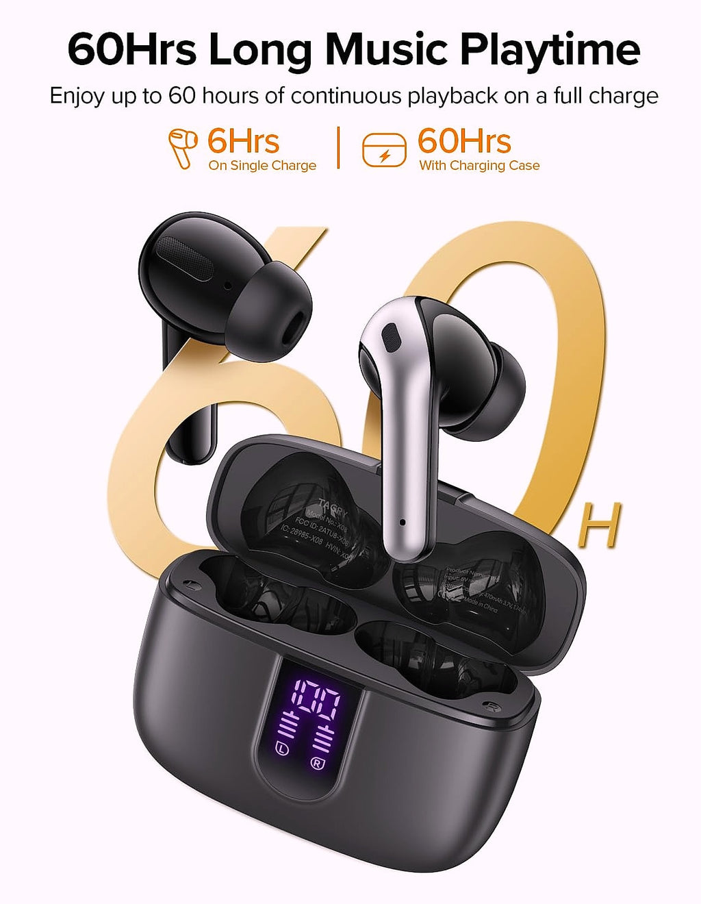 TAGRY Bluetooth Earbuds 60H Playback Wireless Charging IPX5