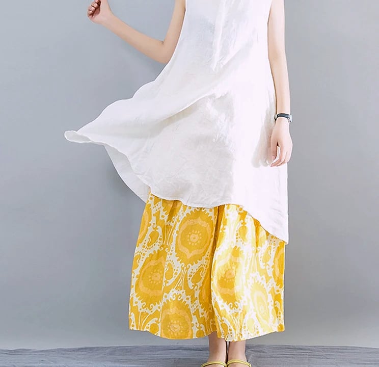 Yellow Linen Blend Wide-leg Casual Pants with Elastic Waist