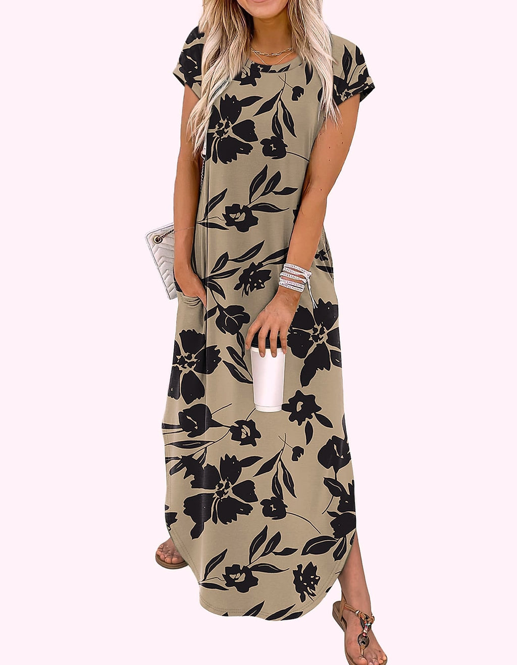 WIHOLL Summer Maxi Dress Cap Sleeve Crewneck with Pockets