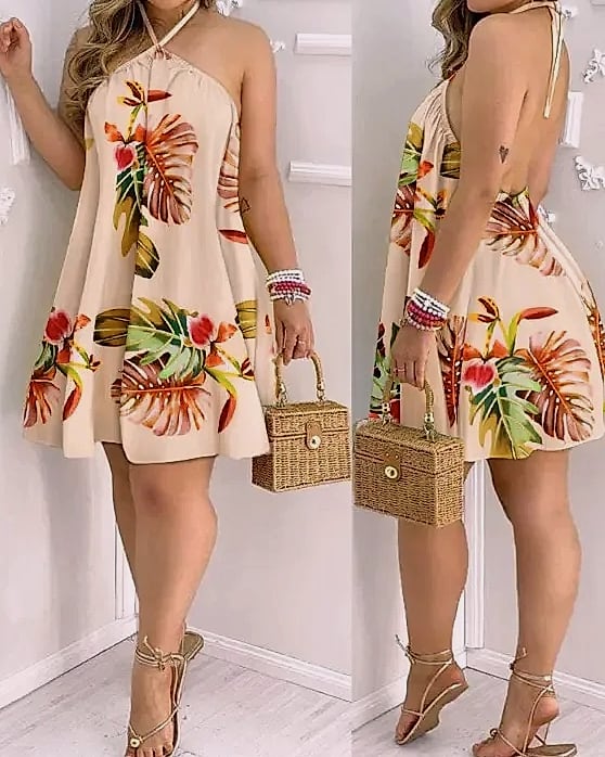 Floral Print Backless Halter Dress for Spring Summer