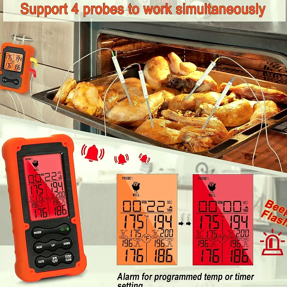 Digital Wireless Meat Thermometer with 4 Probes for Grilling