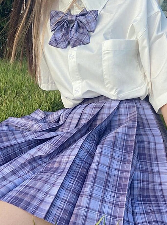 ZOKI Plaid Pleated Mini Skirt High Waist Bow Knot