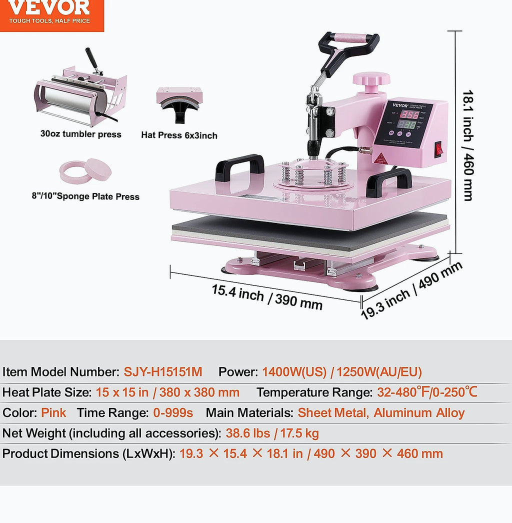 SucceBuy 12 x 15 inch Heat Press Machine with 8 Attachments for Heat Transfer