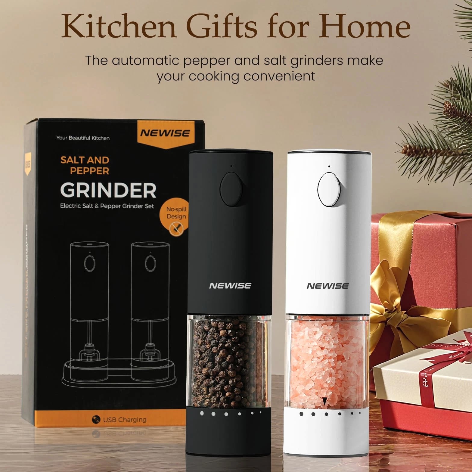 Electric Salt and Pepper Grinder Set, Adjustable Coarseness & LED Light, Rech...