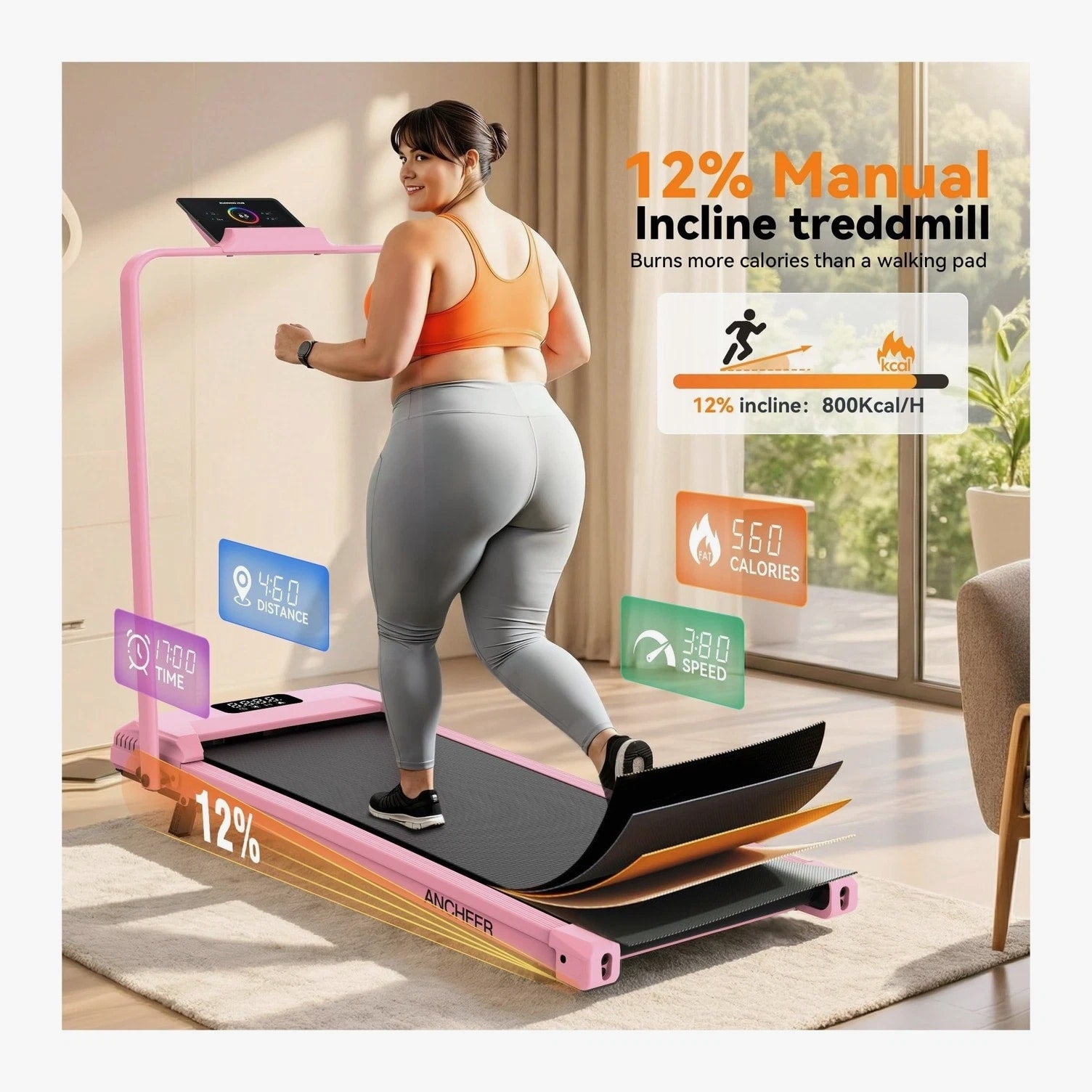 ANCHEER Walking Pad Treadmill with 12% Incline - Under Desk with Handle Bar,...