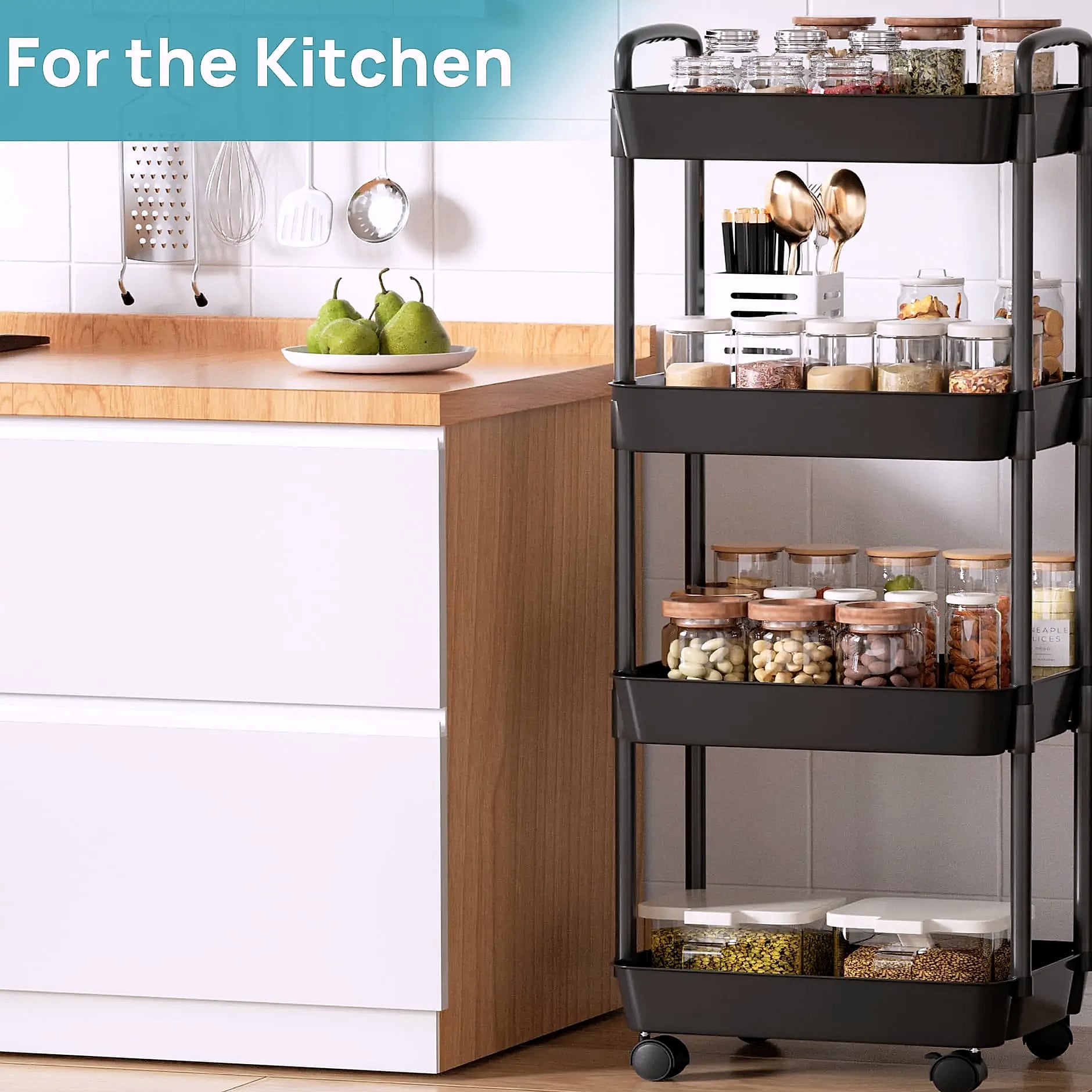 Rolling utility cart with lockable wheels and storage baskets