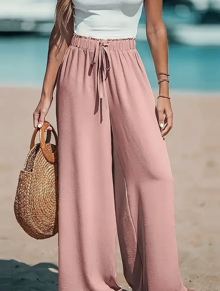 Cotton Linen Wide Leg Pants Women High Waist Drawstring