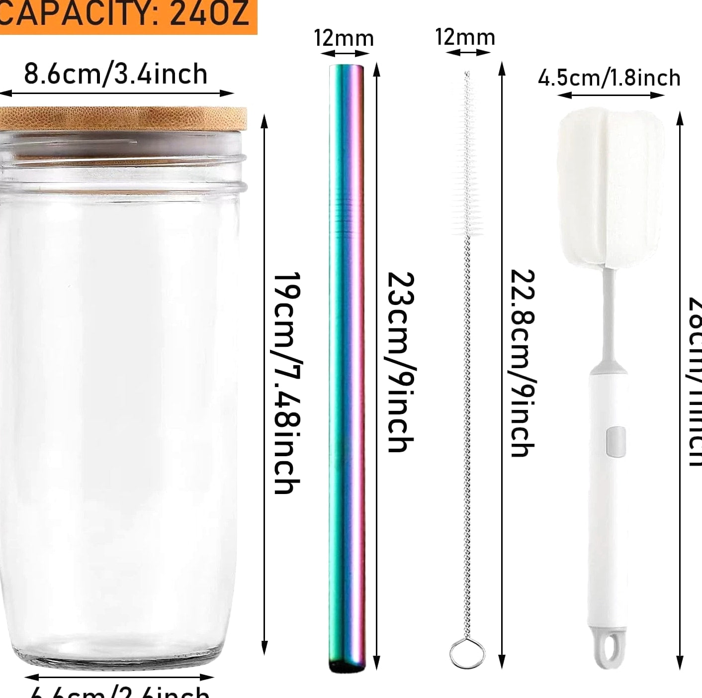 2 Pcs 24 oz Glass Cups With Bamboo Lids and Straws & 2 Airtight Lids, Reusabl...