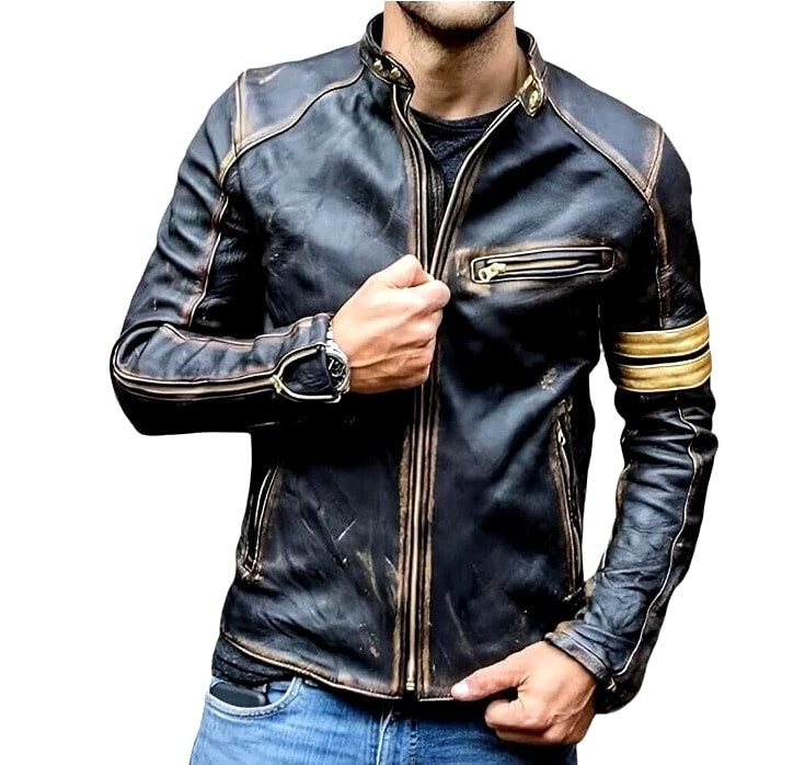 Men's Motorcycle Biker Leather Jacket Distressed Café Racer Genuine Lambskin