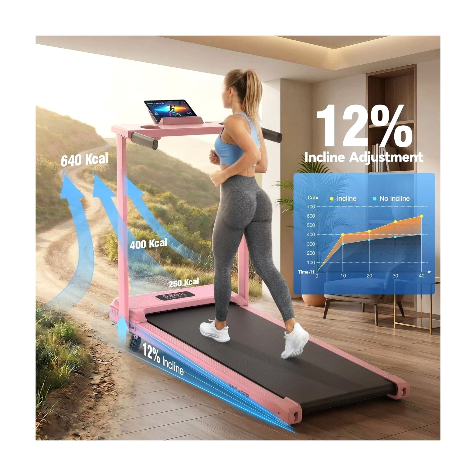 FUNMILY 3.5HP Walking Pad Incline Treadmill with Desk and Handle Bar, Heavy Duty