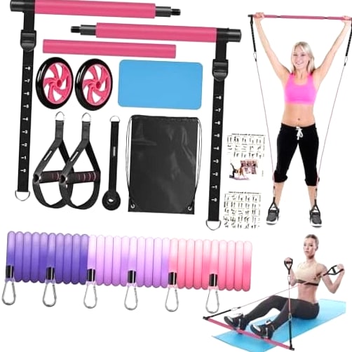 Pilates Bar Kit with Resistance Bands for Working Out, Pilates Equipment Pink