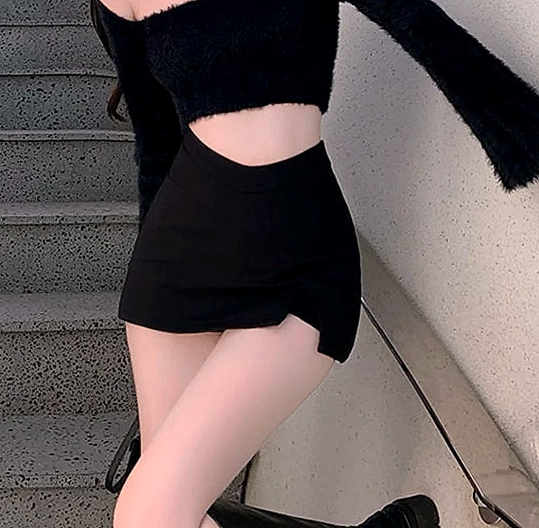 MEXZT Black Mini Skirt with High Waist Split Design