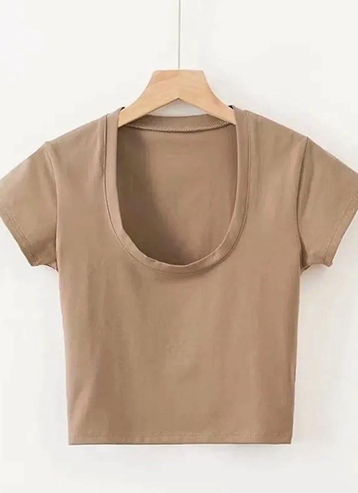 Dozw U-Neck Crop Top High Waist Women's Casual T-Shirt