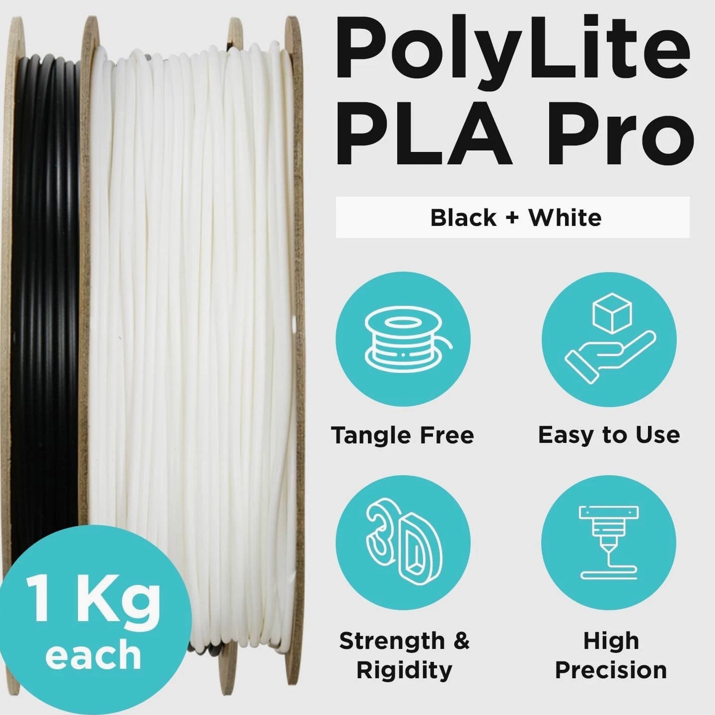 PLA PRO Filament 1.75mm 2kg, Tough & High Rigidity Black*1 White*1 3D Printing