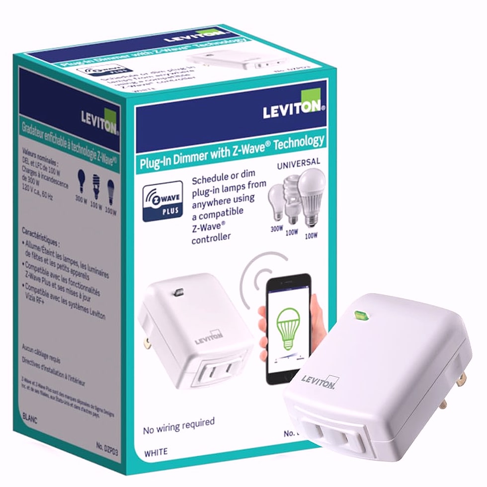 Leviton Decora Smart Plug-in Dimmer with Z-Wave Technology, 1-Pack, DZPD3-2BW, White