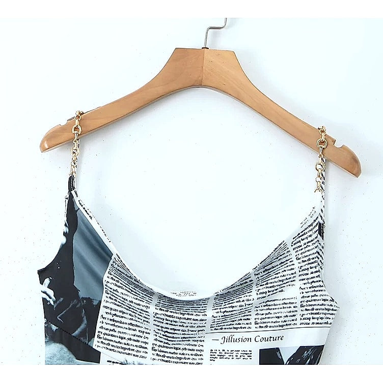 Yenkye Newspaper Print Sling Dress with Backless Chain Straps