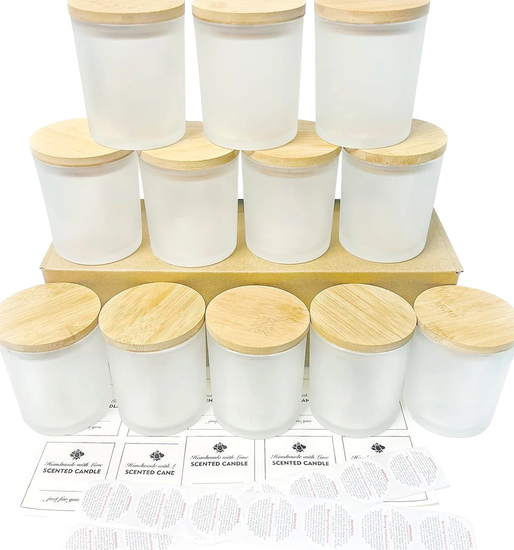 CONNOO 12 Pack 10 Oz Frosted Glass Candle Jars with Bamboo Lids for Candle Making