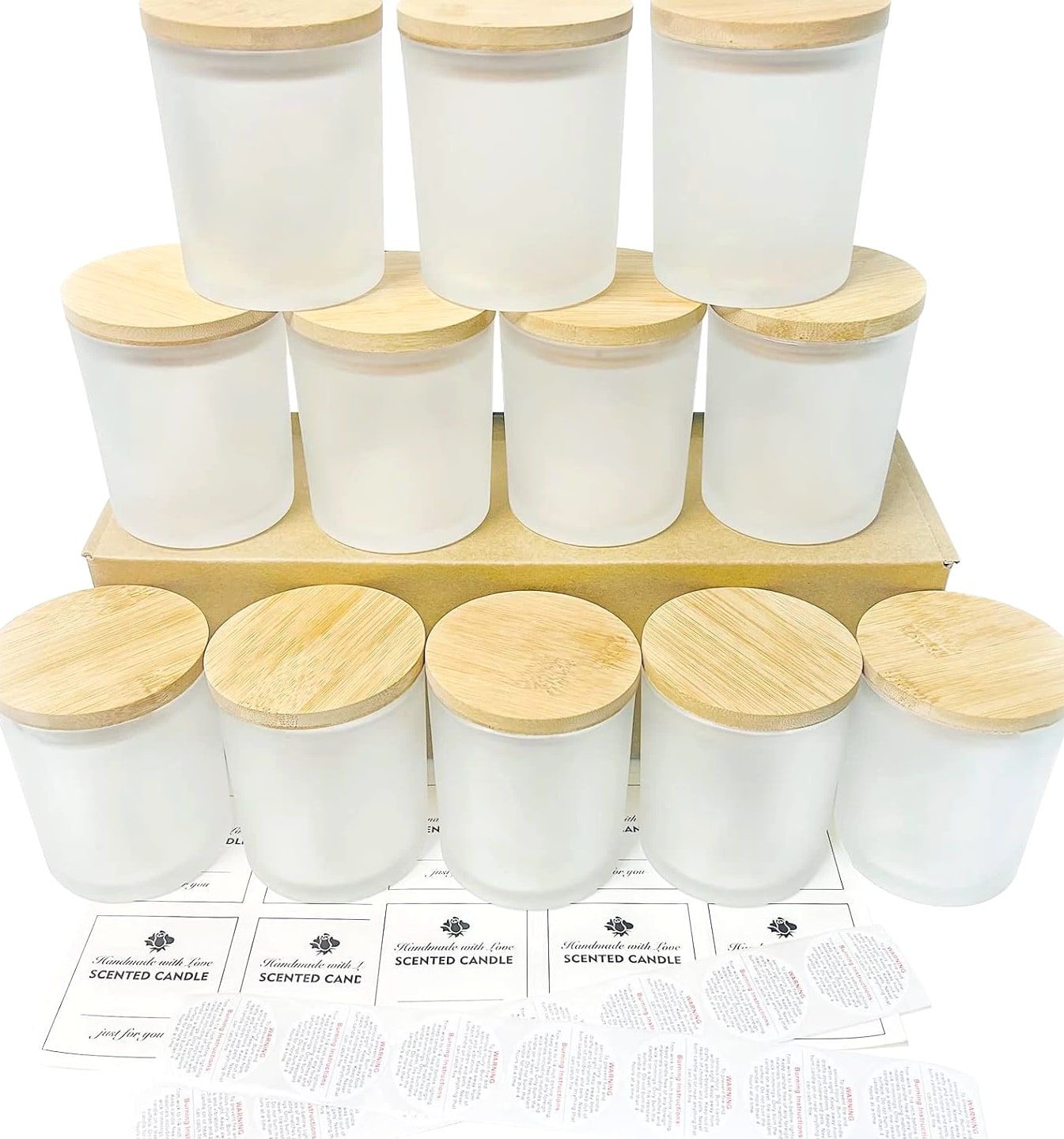CONNOO 12 Pack 10 Oz Frosted Glass Candle Jars with Bamboo Lids for Candle Making