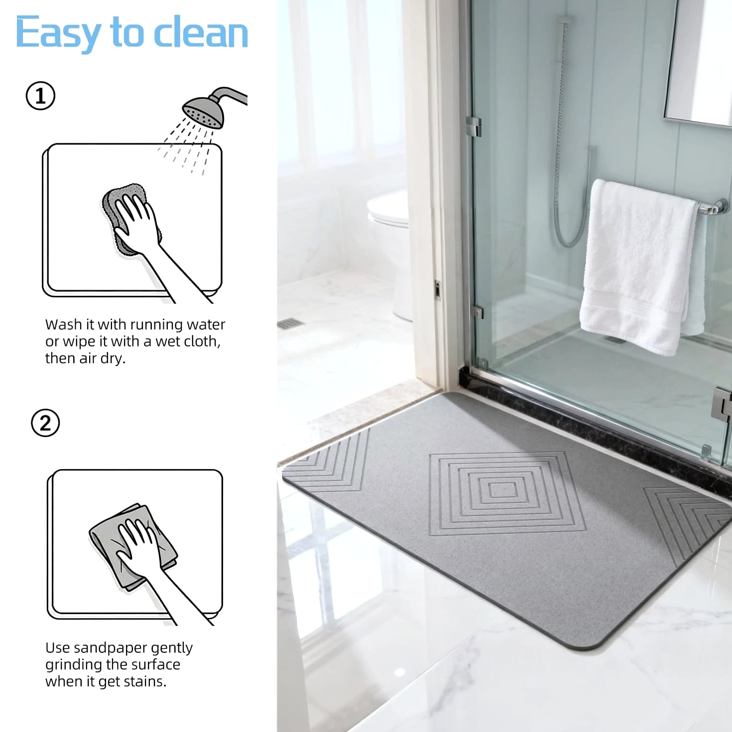 BIOIWGY Diatomite Stone Bath Mat - Fast Drying, Non-Slip Shower Mat, Super Absor