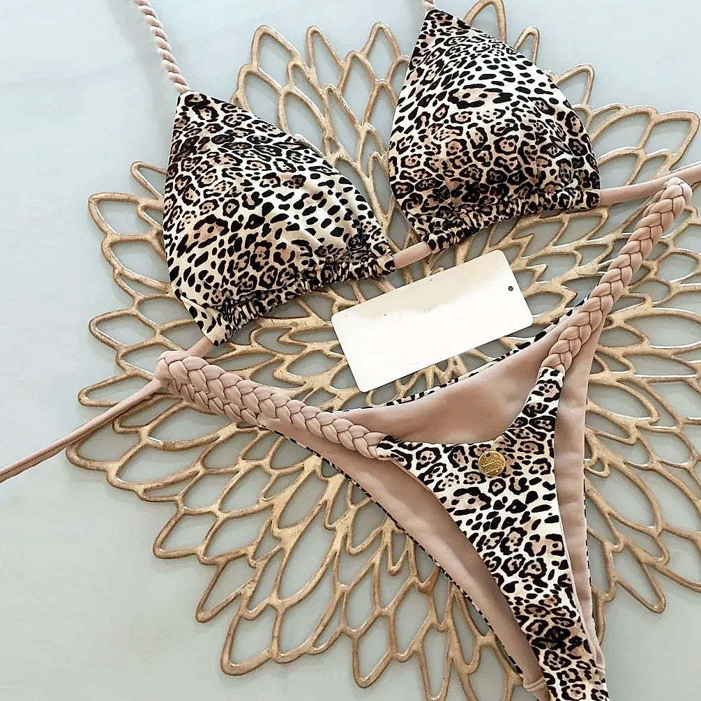 Women's Bikini Split Print Swimwear G-string Beach