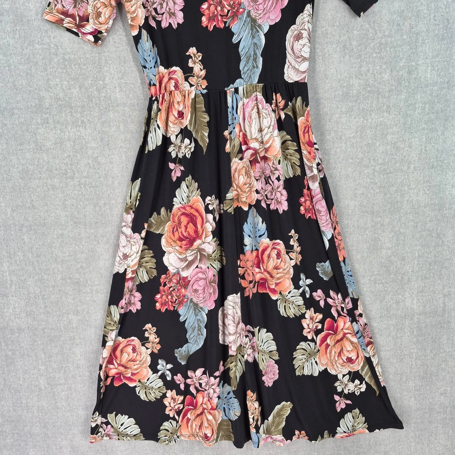 Vintage Promesa Dress Medium Romantic Black Floral Midi Fit Flare Pockets Boho