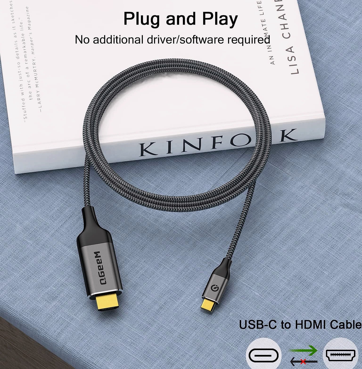 QGeeM USB-C to HDMI Cable 6ft, 4K@60Hz for MacBook, iPad, Galaxy