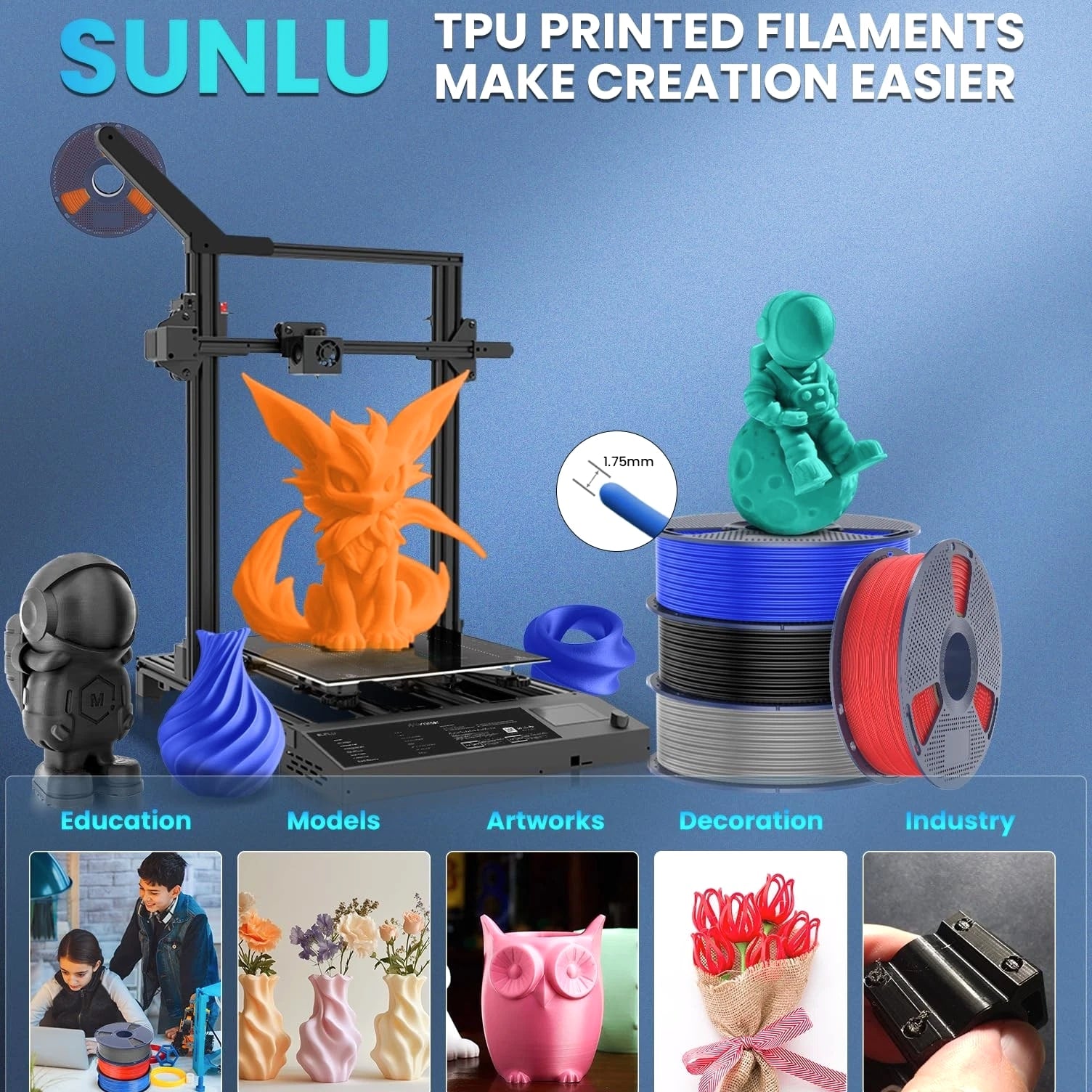 TPU 3D Printer Filament 1.75mm, Fast Speed 95A TPU Filament, 1KG Flexible 3D Printing