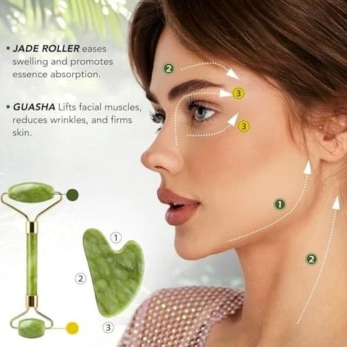 Jade Roller & Gua Sha Set for Face - Cooling, Firming, Sculpting Tool for Skin