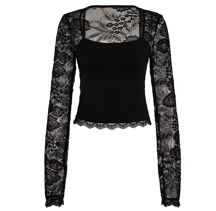 Lace-trimmed Patchwork Long-sleeve Top with Square Neck