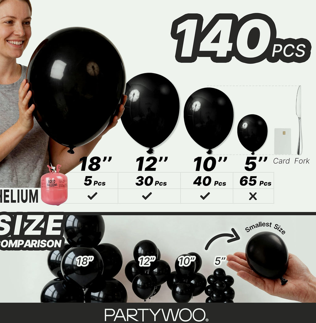 PartyWoo Black Balloons 140 pcs Arch Kit, 5-18 Inch