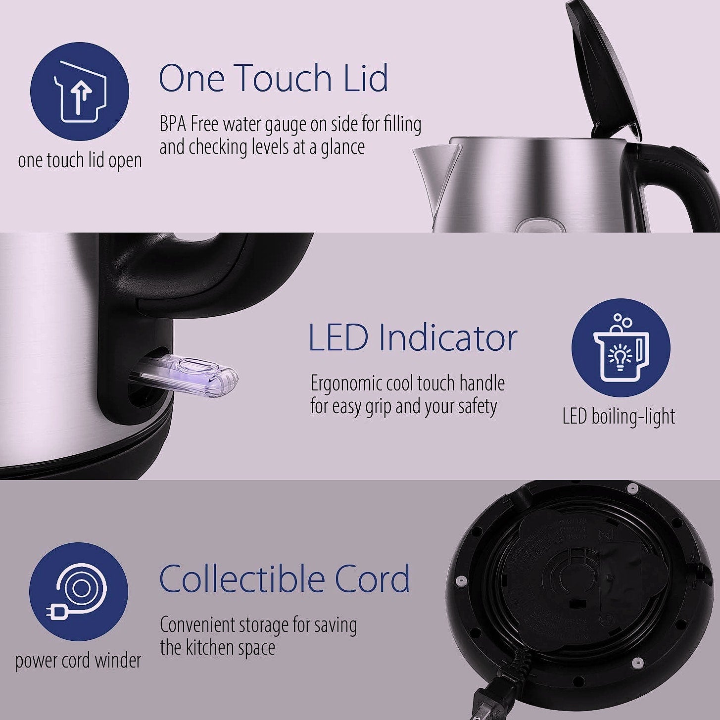 COMFEE' 1.7L Stainless Steel Electric Kettle, 1500W Fast Boil