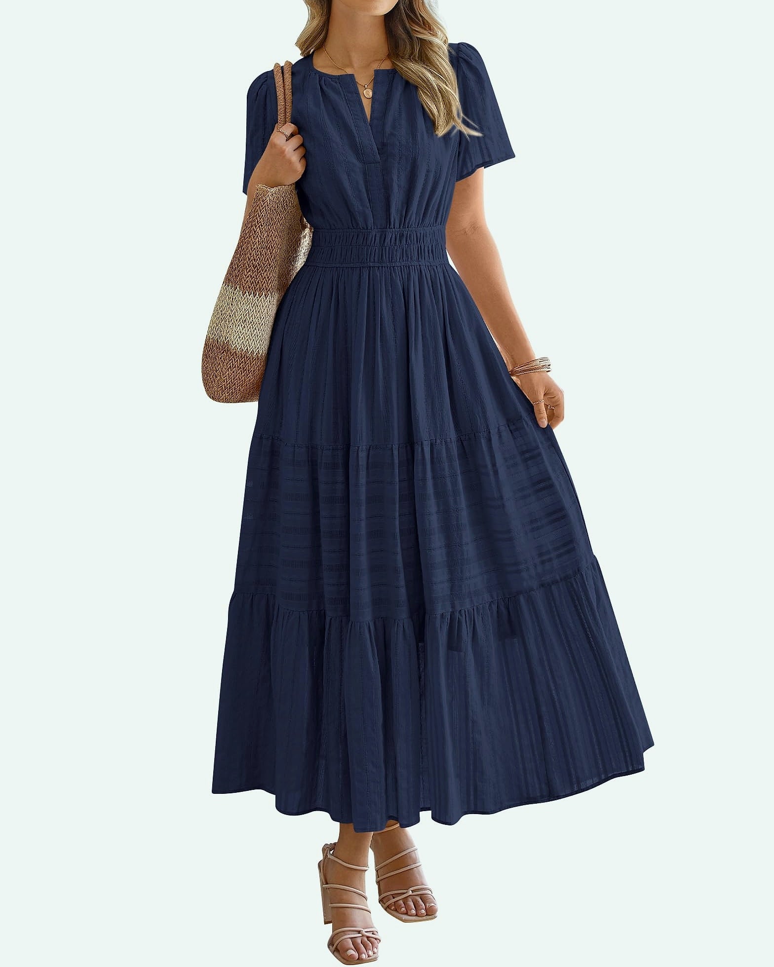 BTFBM Women's Casual Midi Maxi Dress Short Sleeve V Neck