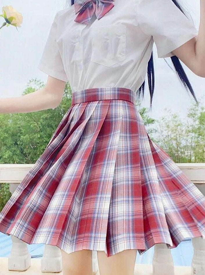 ZOKI Plaid Pleated Mini Skirt High Waist Bow Knot