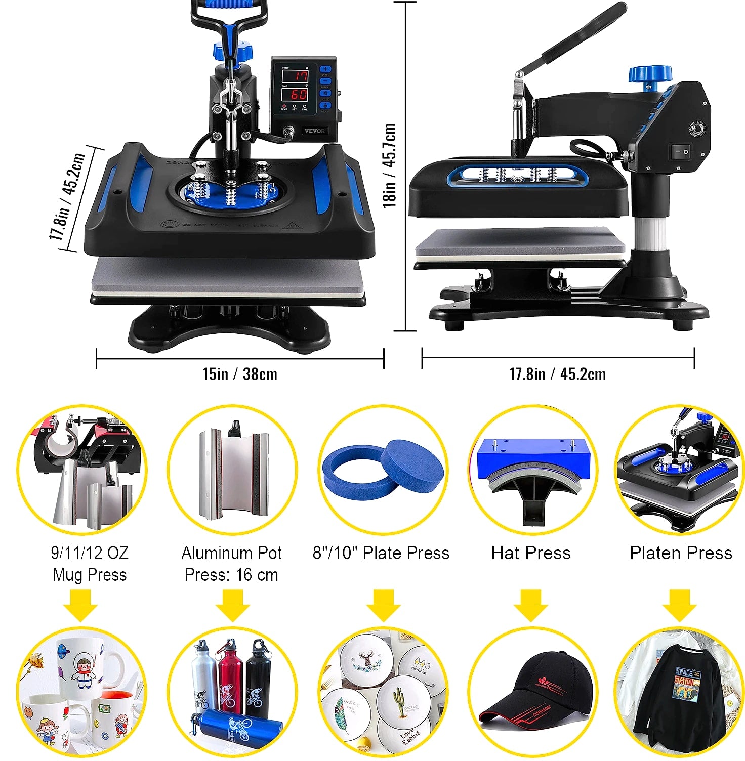 SucceBuy 12x15" Heat Press 5-in-1 Combo Machine with Dual Heating