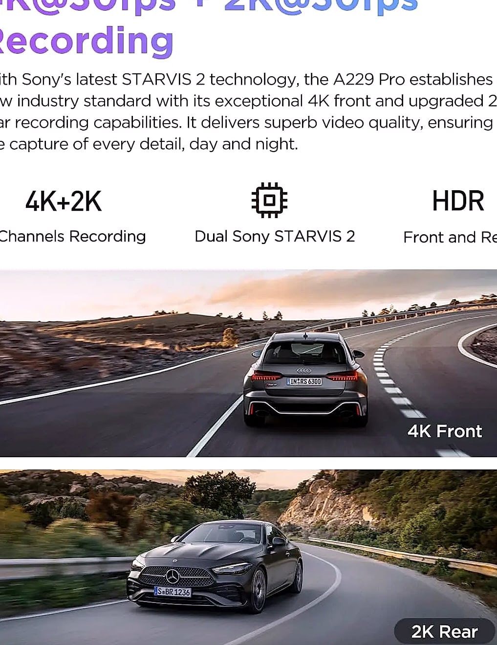 4K HDR Dual Dash Cam with Front and Rear Recording, GPS