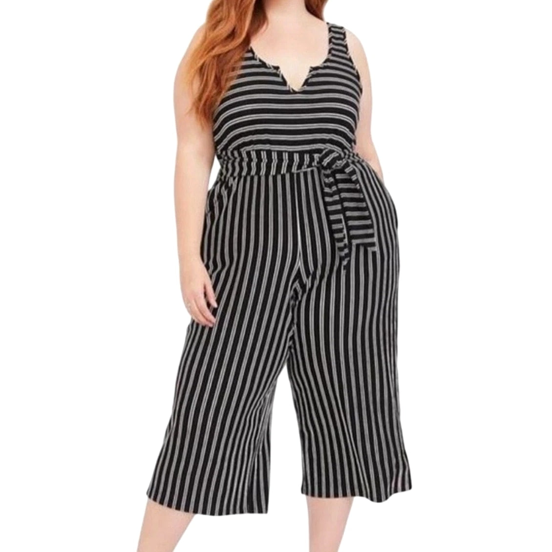 Torrid Women's Striped Culotte Jumpsuit Size 0 Black White Belted Wide Leg Pants