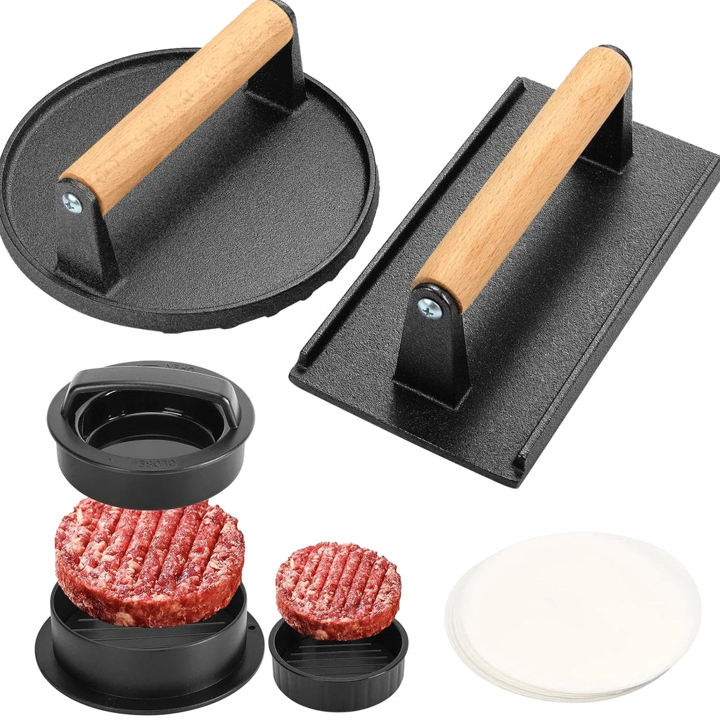 3PCS Smash Burger Press Kit, 6.8" Round & 8.3"x4.1" Rectangular Cast Iron Gri...