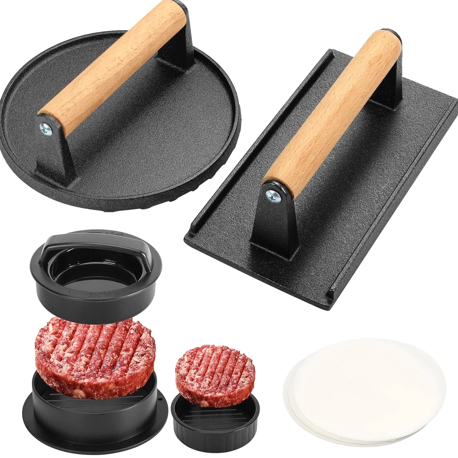 3PCS Smash Burger Press Kit, 6.8" Round & 8.3"x4.1" Rectangular Cast Iron Gri...