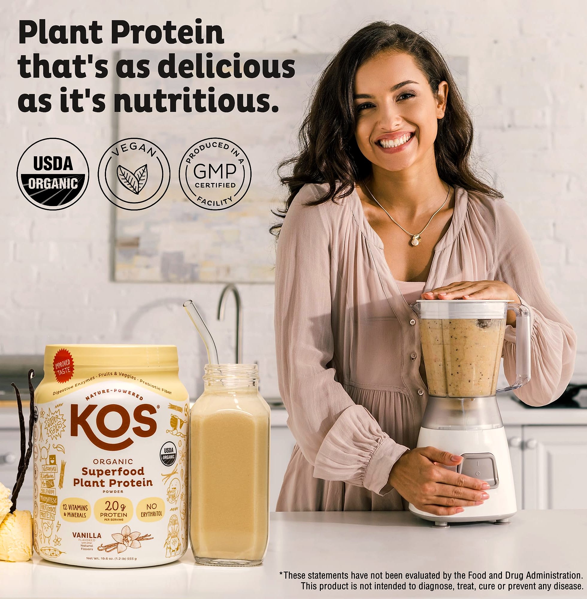 KOS Plant Based Vanilla Protein Powder, Organic Vegan
