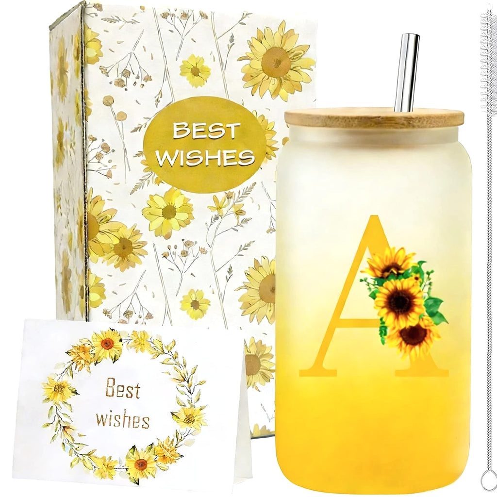 Personalized Gifts for Women, Initial Glass Cup with Lid and Straw