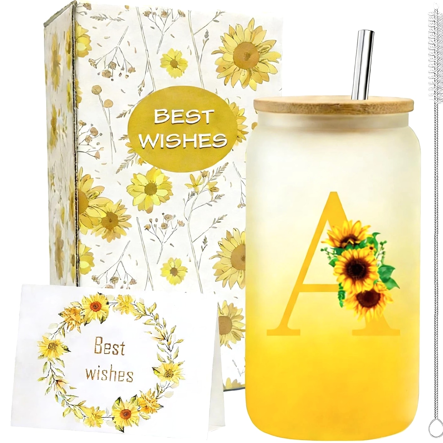 Personalized Gifts for Women, Initial Glass Cup with Lid and Straw