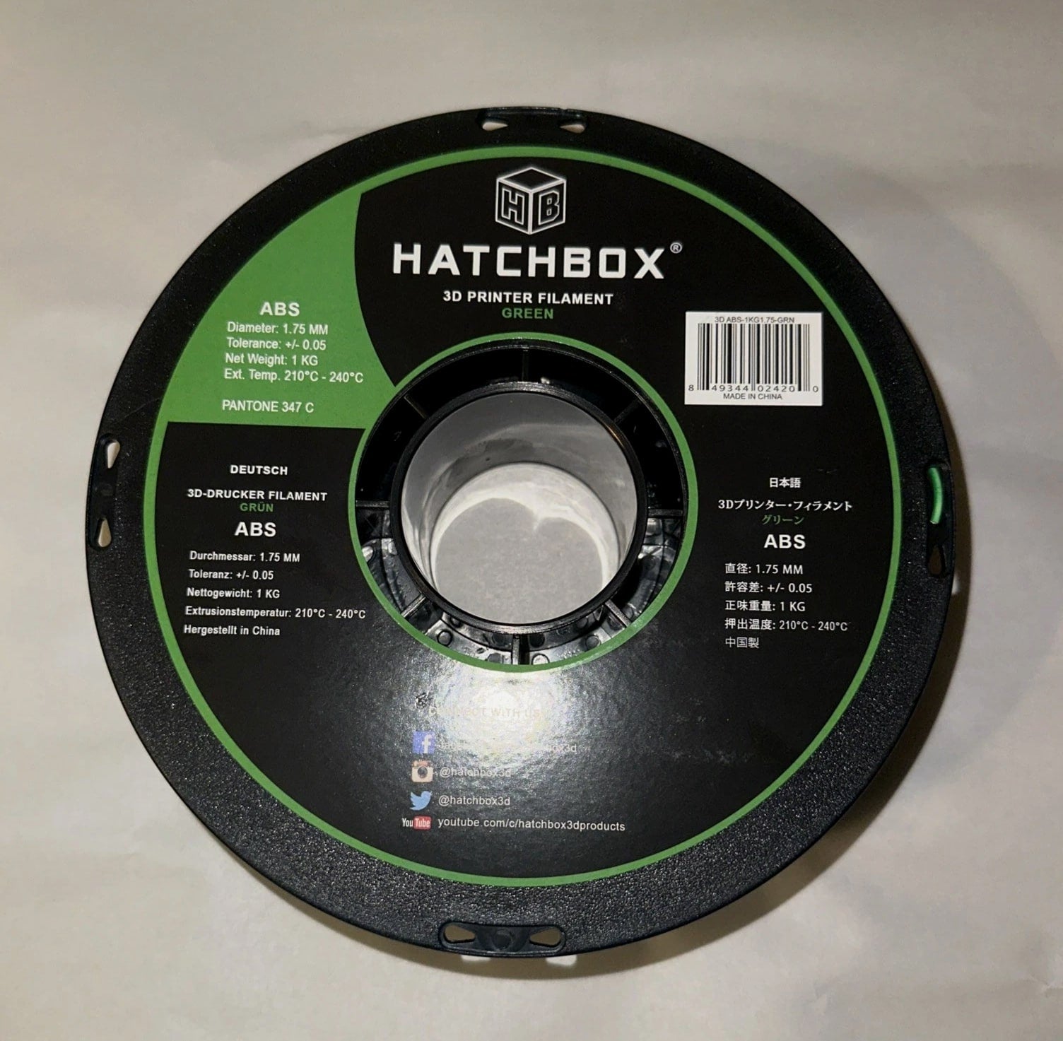 HATCHBOX ABS Filament in Green, 1kg Spool