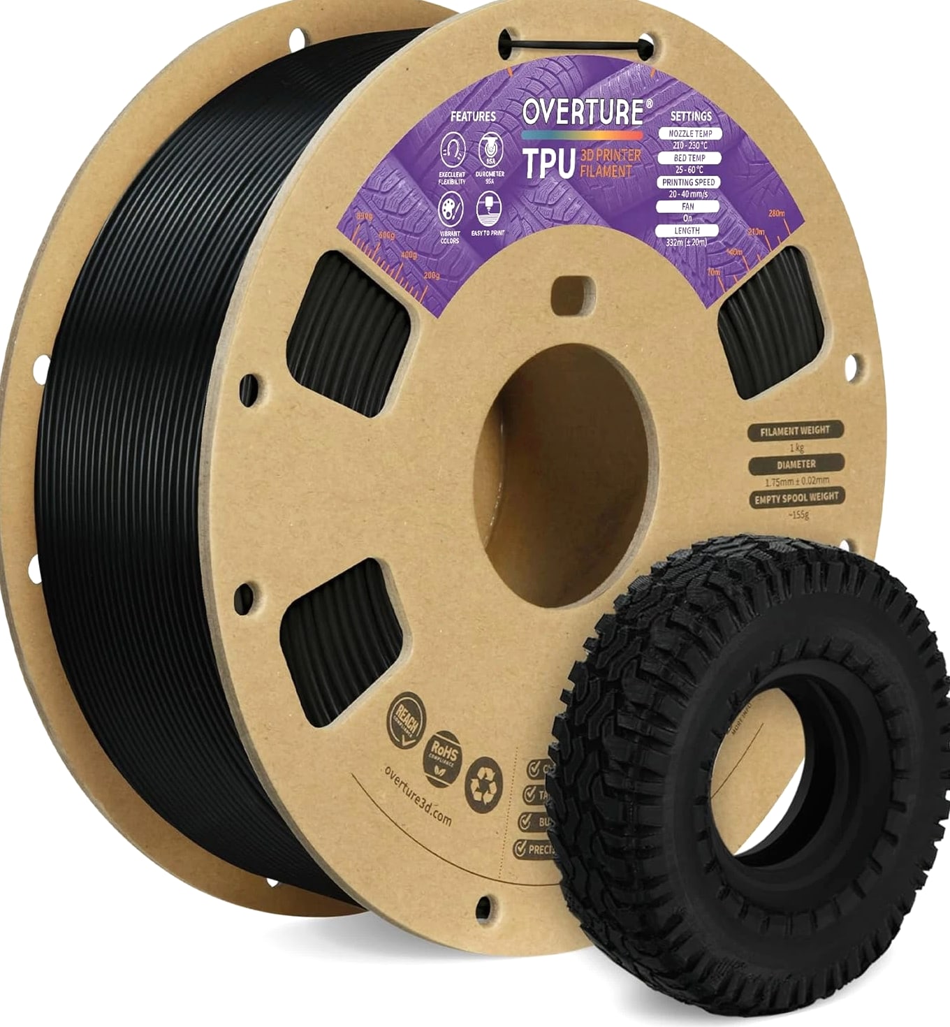 TPU Filament 1.75mm Flexible Roll, 95A Soft 3D Printer Filament, 1kg Spool (2...