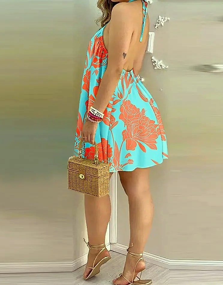 Floral Print Backless Halter Dress for Spring Summer